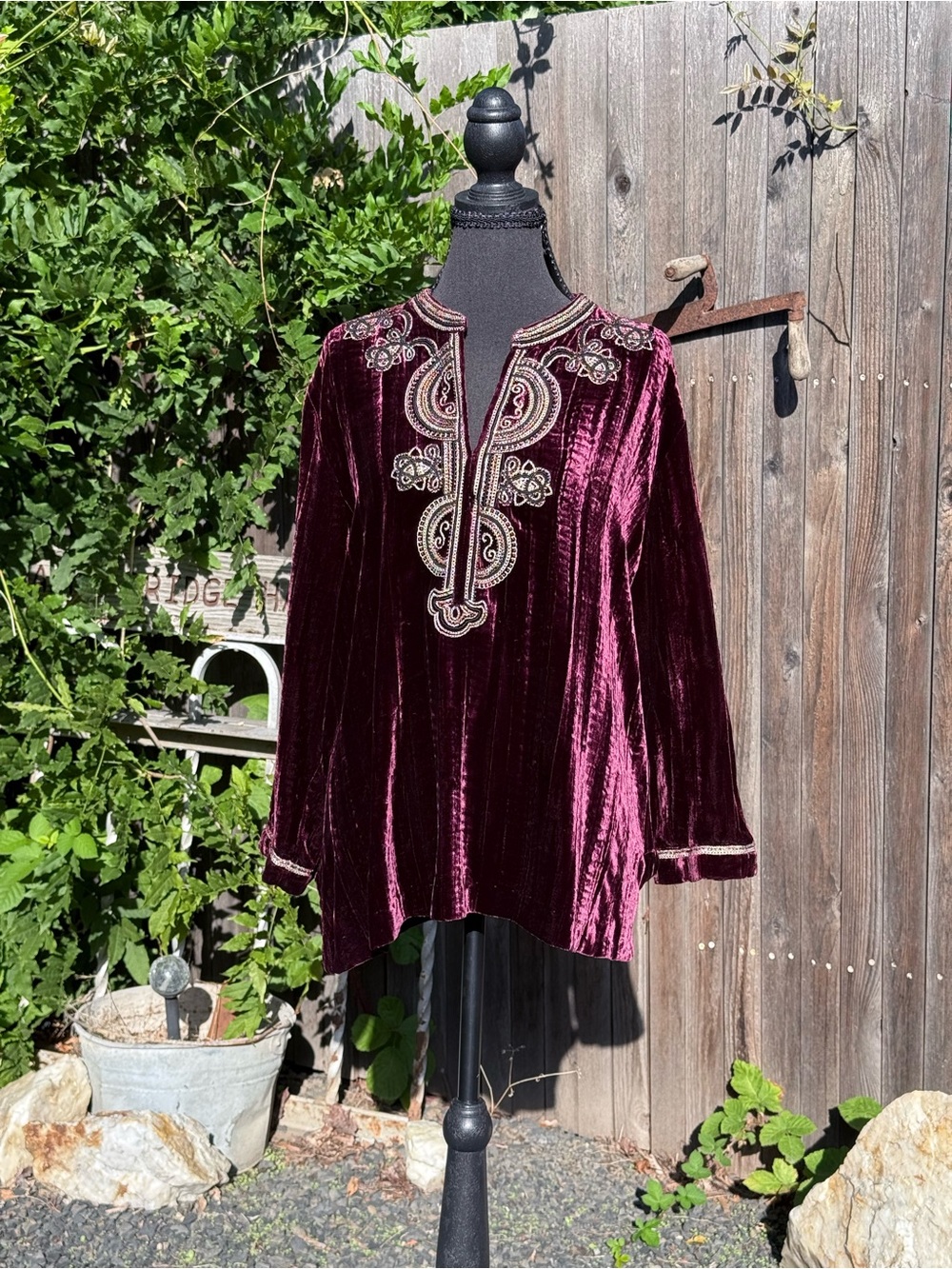 Chico's Velvet Embroidered Tunic - Deep Burgundy